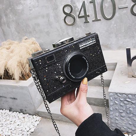 Persoonlijkheid tas dames messenger bags pailletten camera casual pu leren clutch ketting handtas crossbody schoudertassen bolsas: Zwart
