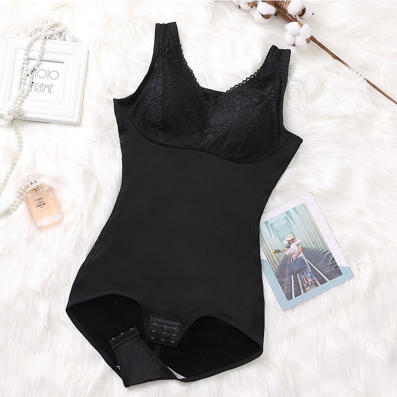 Women's Slimming Underwear Bodysuit Bra Body Shaper Waist Trainer Shaper Shapewear Slimming Bodysuits Hook Corset with velvet: Black / XL