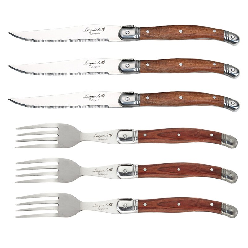 Laguiole-cuchillos para carne, tenedores, cuchara de mesa, Mini cucharadita de café, mango de madera, cubiertos para restaurante, Bar, vajilla de madera, 6 uds.: 3 knife 3 Fork