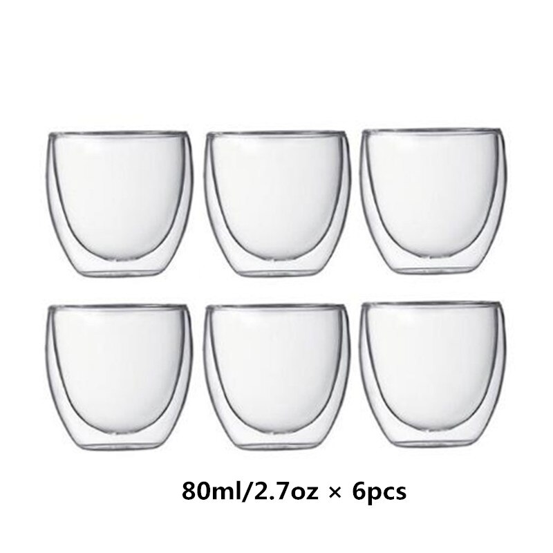 Double Wall Insulated Glasses Espresso Coffee Mug 80/250/350/450 ML Heat-Resistant Transparent Tea Milk Glass Cup Mugs Drinkware: 6 pcs 80 ml