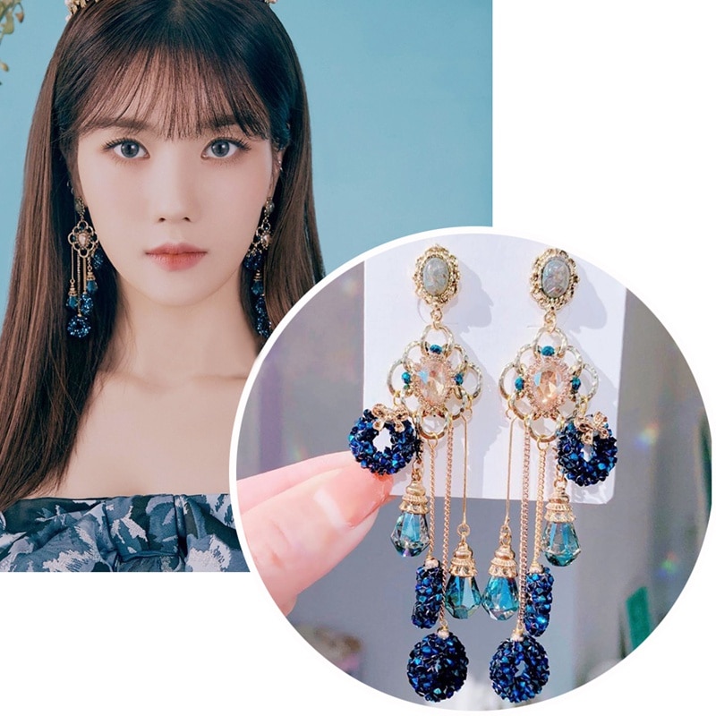 Pendientes largos de borla MENGJIQIAO TV coreana estrella exagerada azul circular de cristal para mujeres elegantes Pendientes de joyería