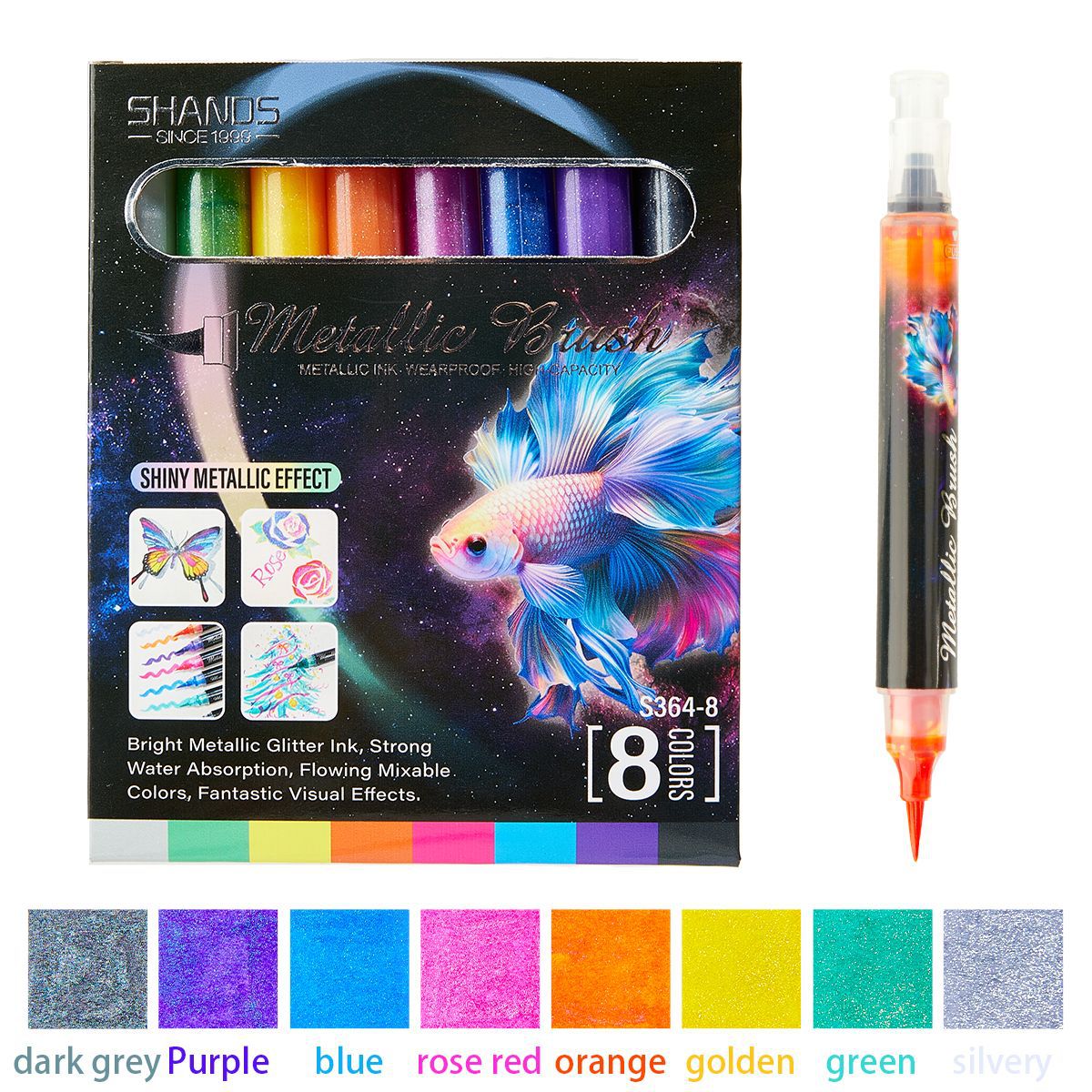 8 Colors Metallic Brush Pens Glitter Dual Color Marker Calligraphy Fine Nibs Art Marker For Album DIY Scrapbooking Art Supplies: WHITE