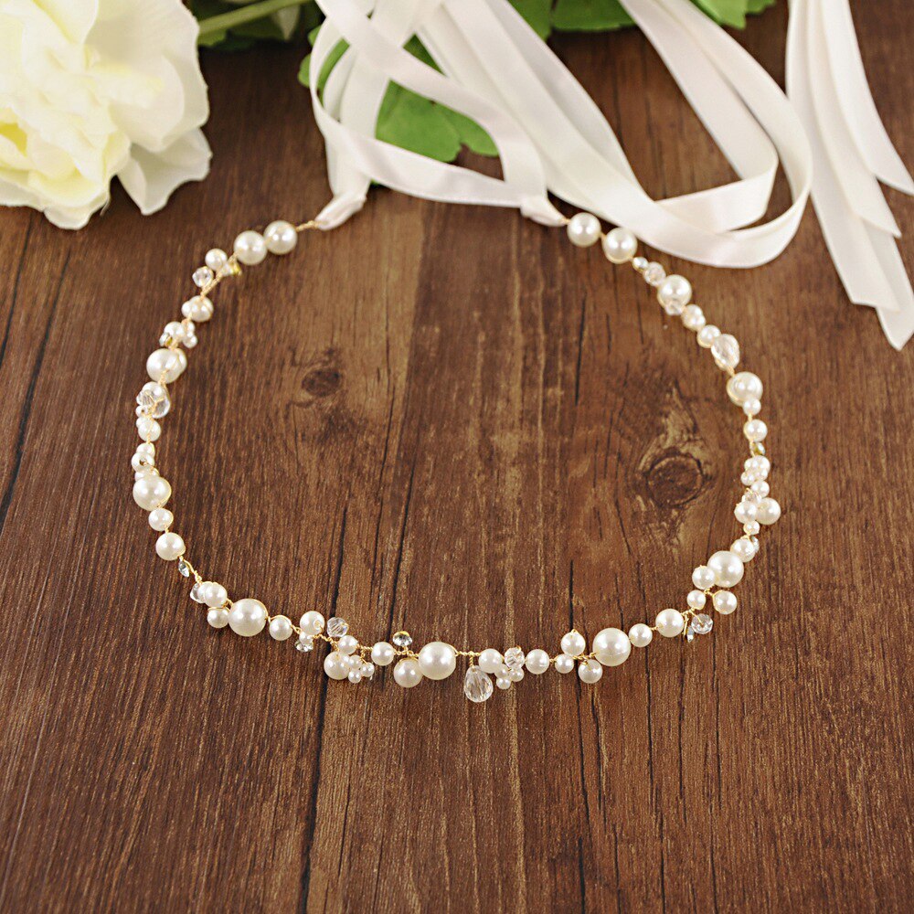 Cinturones de novia de cristal plata hechos a mano, cinturones finos de boda para vestido de perlas, cinturones de banda para boda, accesorios de boda, diadema dorada: GoldOffwhiteRibbon