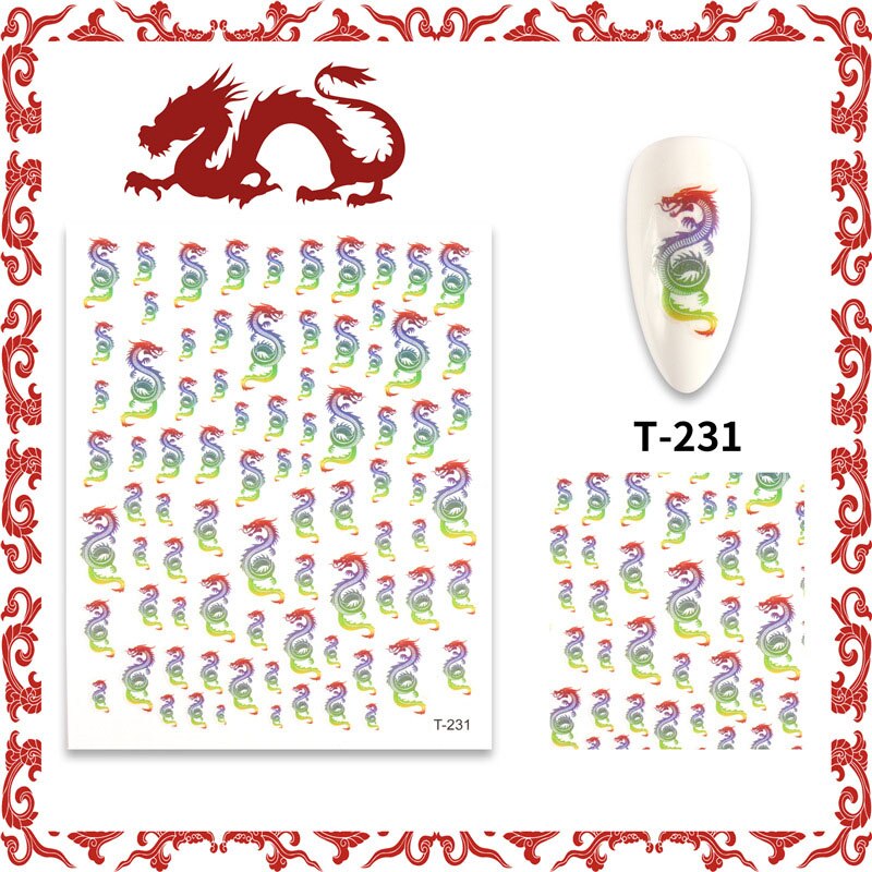 3d nagelkunststickers, rode en zwarte draken, kleurrijke zelfklevende stickers, nagelkunstdecoratie: T -231
