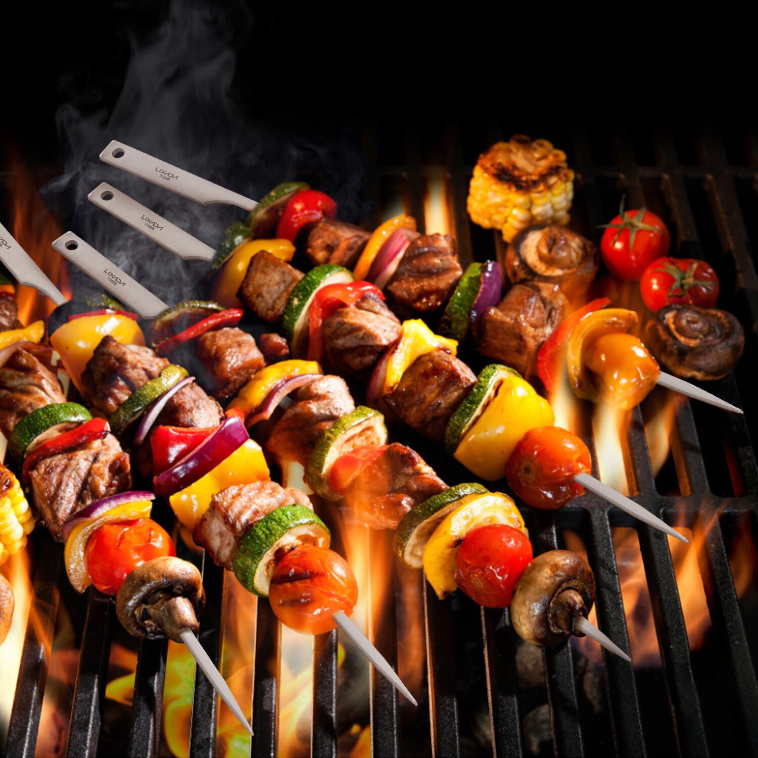 Lixada 5 st återanvända platta titan grillspett utomhus bakgård picknick grill grill grill kabob spett grillpinnar med trådring