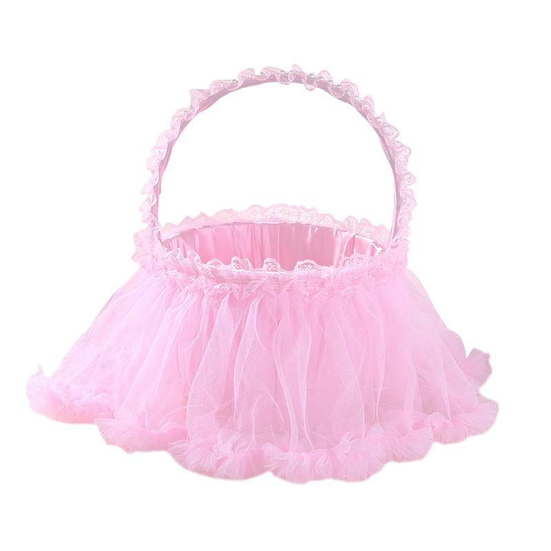 Lace Edge Mand Bruiloft Bloemblaadje Mand Bruidsmeisje Bloem Mand (Roze)