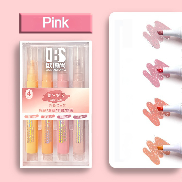 Ensemble de stylos brillants de couleur scintillante, surligneur scintillant, marqueur de 4mm, brosse pour dessin, peinture, école d'art, paillettes métalliques, 4 pièces: Rose