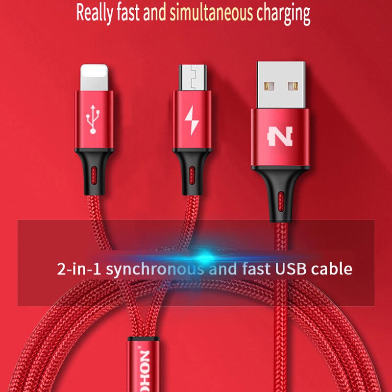 Nohon 2 In 1 Usb Kabel Micro 8Pin Usb Snel Opladen Kabels Voor Iphone 8X7 6 6S plus Ipad Ipod Samsung Nokia Nylon Draad