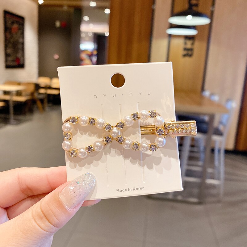 Xwen Store Pearl Clip Headdress Hair Clip Girls Hairpin Top Bangs Broken Hair Side Side Hair Accessories For Women OH2073: Bow Pearl Rhinestone