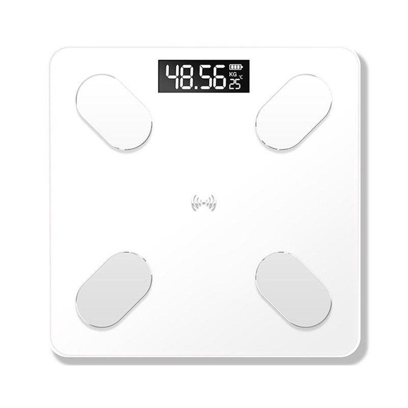 Bluetooth-vågar kroppsvikt badrumsvåg smart bakgrundsbelyst displayvåg kroppsvikt vattenmassamassa bmi: Vit