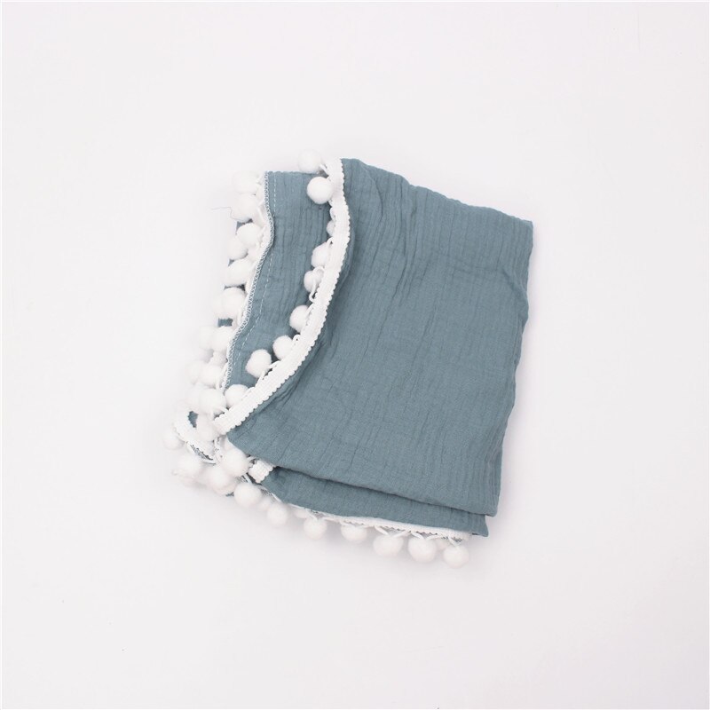 Mousseline Baby Inbakeren Deken Met Pom Poms Katoen Gaas Inbakeren Wrap Voor Baby &#39;S Pasgeborenen Ontvangen Dekens Baby Douche: Blue
