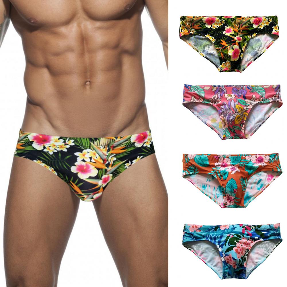 Trendy Men Swimming Trunks Floral Print Swimming Shorts Elastic Colorful Quick Dry Swimming Shorts