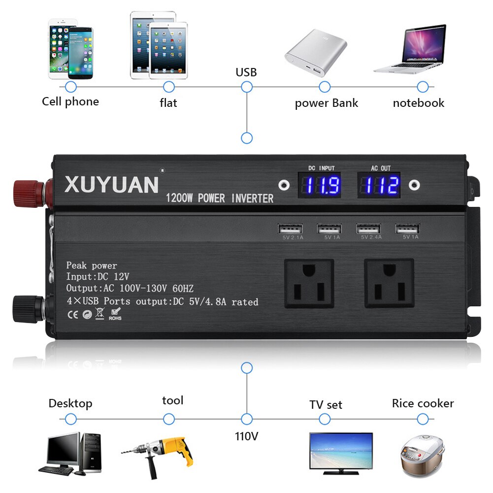 Inverter 1200W DC 12V 24V to 110V AC Power Inverter Converter with 3 AC Outlets + 4 USB Ports Car Micro Inverter