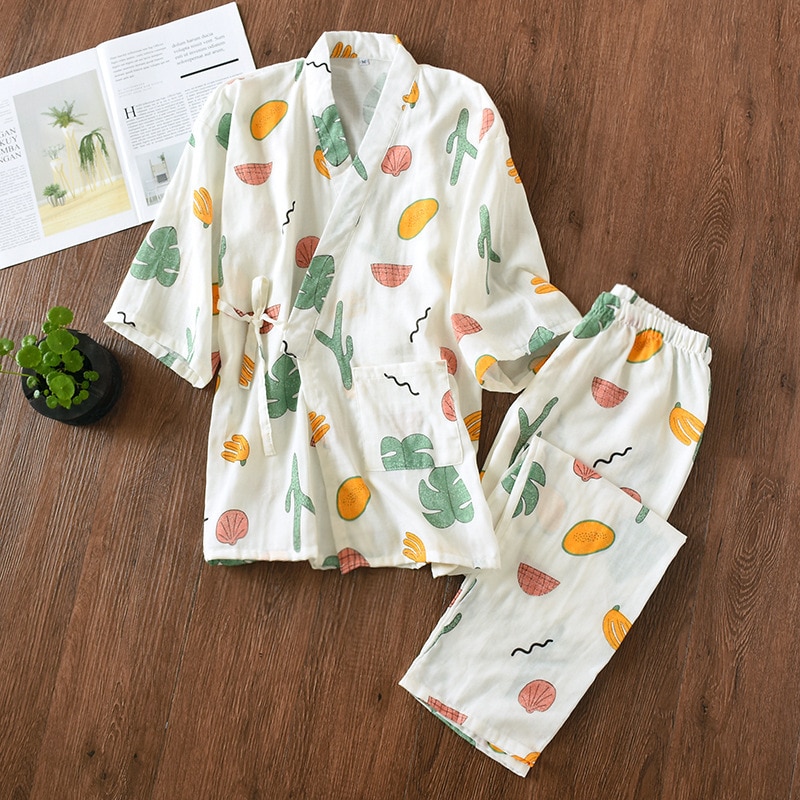 Camisola feminina japonesa de algodão puro, conjunto de pijama feminino kimono de manga médio, tradicional, para usar em casa, estampada, casual