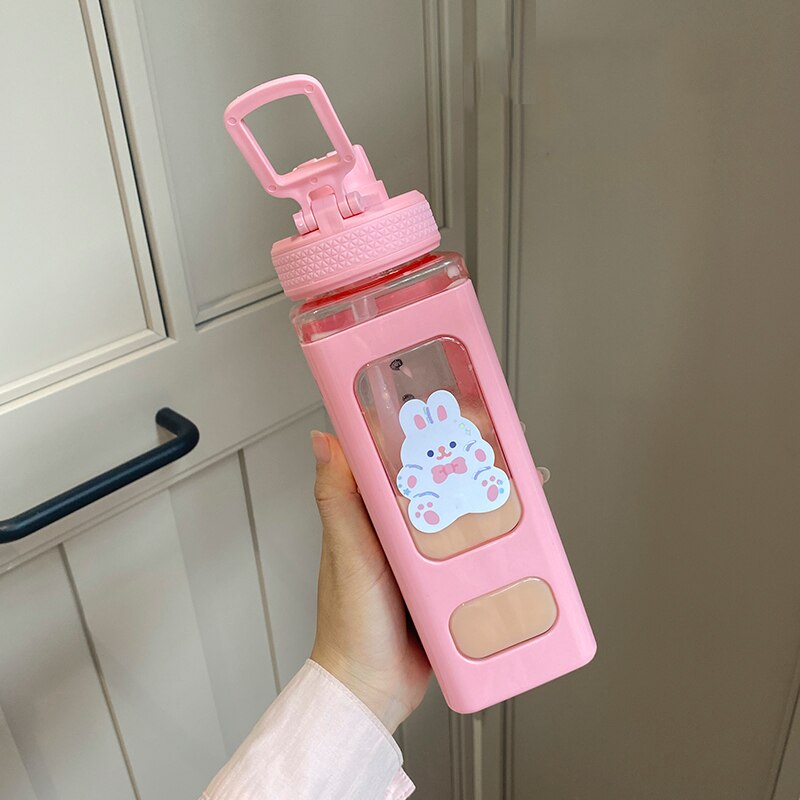 Kawaii Bär Pastell Wasser Flasche Mit 3D Aufkleber 700ml/900ml Kunststoff Reise Tee Saft Milch Tragbare Nette Shaker Trinken Flasche