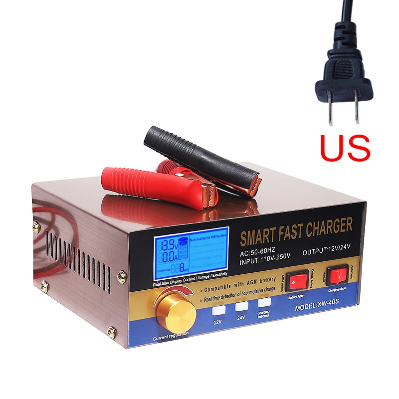 AGM Start-stop Car Battery Charger, 400W Intelligent Pulse Repair Lead acid Battery Charger 12V 24V Truck Motorcycle Charger: US