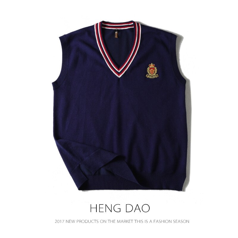 School Uniform Vest V-neck Embroidery Pullover School Boys British Student Sleeveless Sweaters Vest Tank Tops: navy / XL