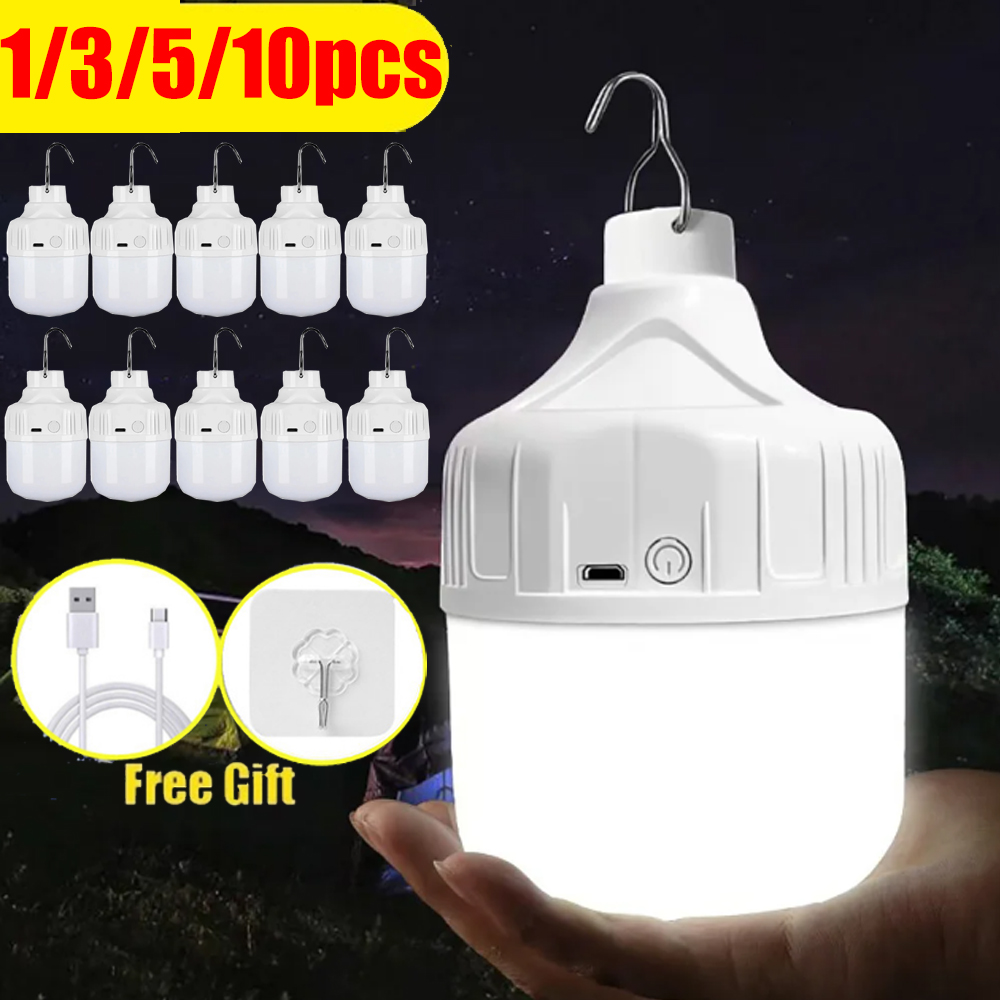 Bærbar usb genopladelig led-pære med krog, høj lysstyrke, vandtæt udendørs lampe til camping, fiskeri, nødbelysning
