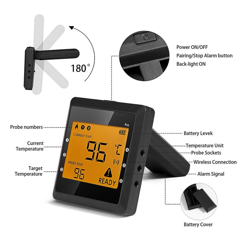 Smart Wireless BBQ Thermometer 6 Channels 6 Probes Remote Digital BBQ Food Meat Thermometer Real Time Status Black