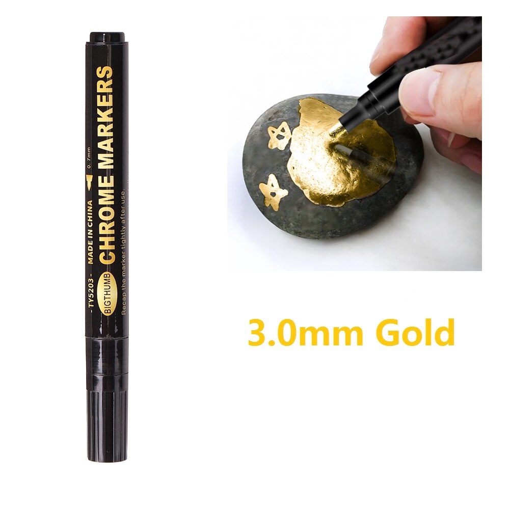 Stylo de peinture réfléchissant, argent, or, cuivre, marqueur Permanent, étanche, encre brute, pointe miroir, effet métallique, stylos de peinture artisanaux: 3.0mm Gold
