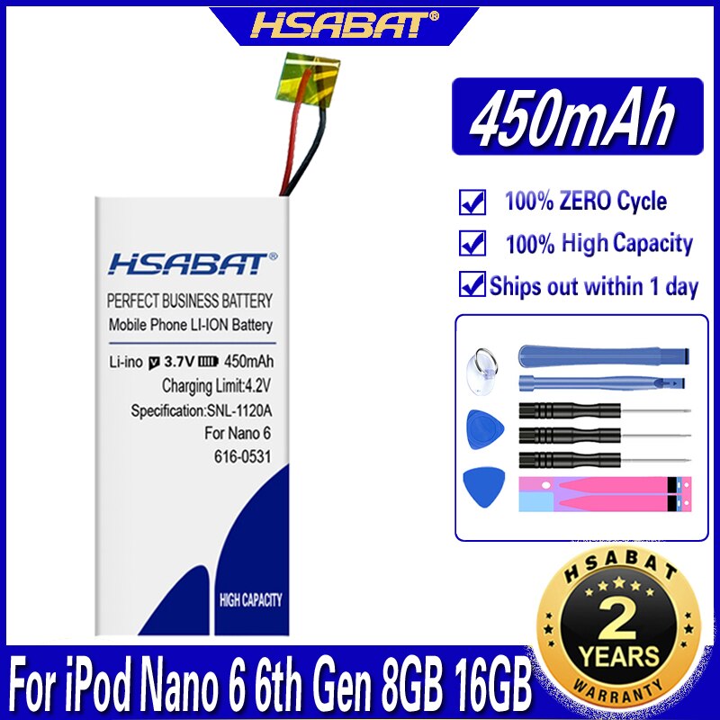 HSABAT 380mAh-500mAh Battery for iPod Nano 1 2 3 4 5 6 7 4th 5th 6th 7th 1st 2nd Generation 2 Gen 2Gen 3rd 3 Gen 3Gen: for iPod Nano 6