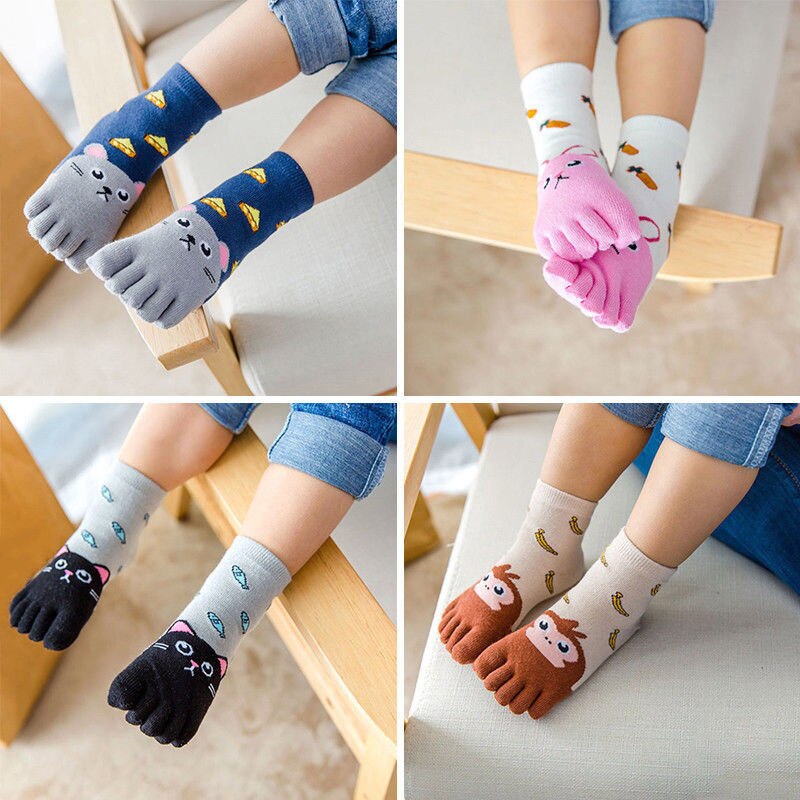 Chaussettes à orteils en coton pour enfants, coton, tricot, imprimé animaux, 5 styles, une paire, 3-12T, , 100%
