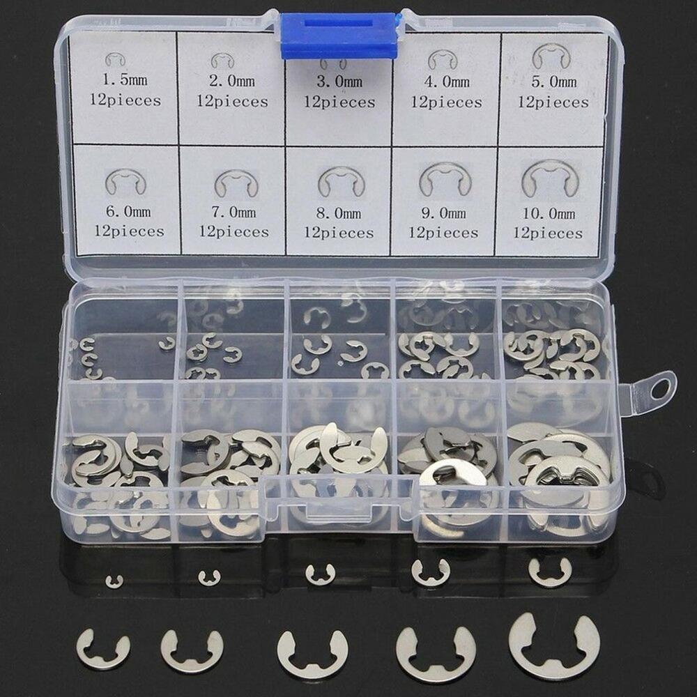 120/200PCS 304 Stainless Steel E Clip Washer Assortment Kit Circlip Retaining Ring for Shaft Fastener M1.5~M10