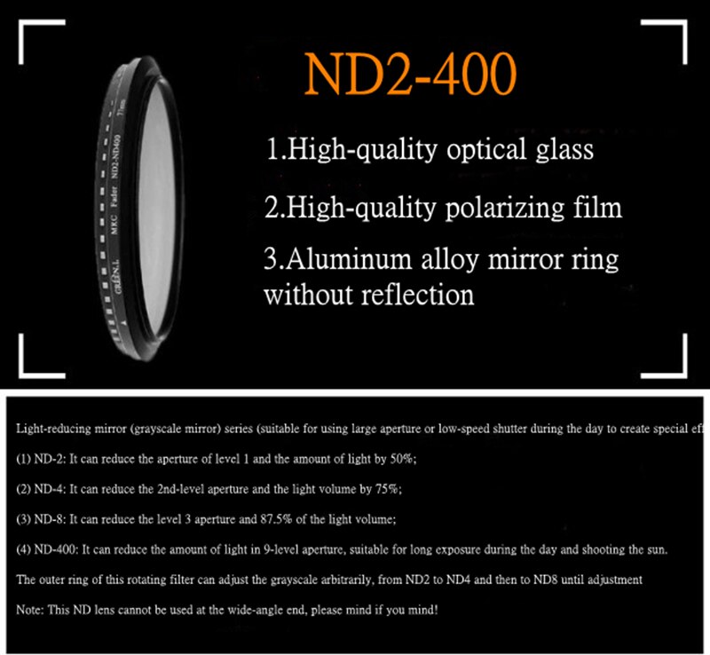 ND2-400 Filter 49MM 52MM 58MM 62MM 67MM 72MM 77MM Schlank Fader Variable ND objektiv Filter Einstellbare ND2 zu ND400 neutral Dichte