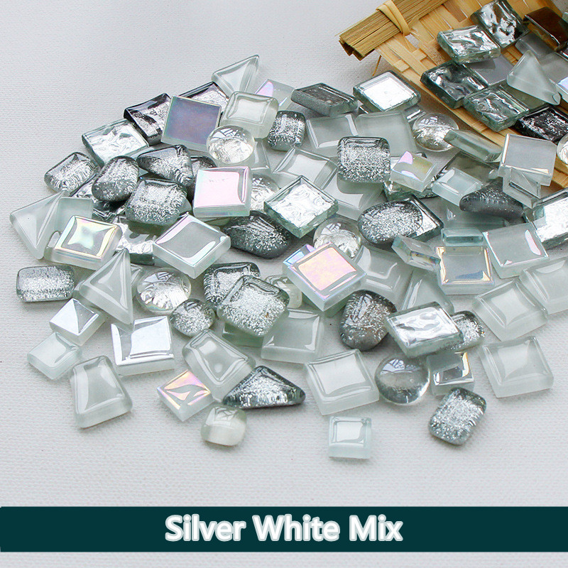 Perles de mosaïque en verre multicolores de 300g/10.58oz, rondes/triangles/carrées, pierres de mosaïque brillantes pour bricolage: Silver White Mix
