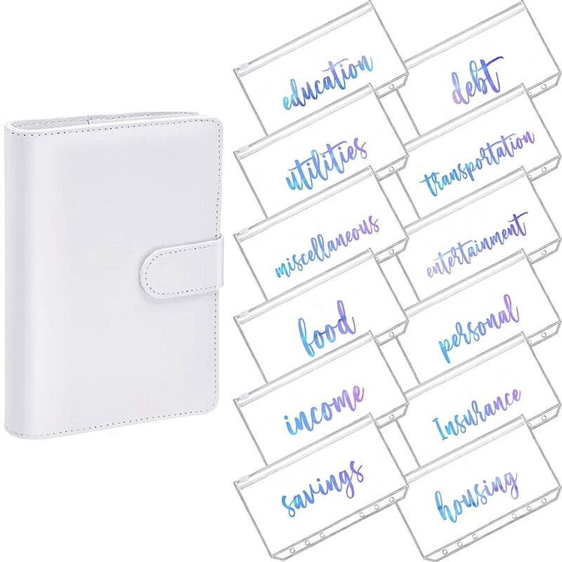 A6 PU Leather Notebook Magnetic Personal Planning Binder with 12 Binder Pockets Binder Zipper Folder for Bill Planner: white