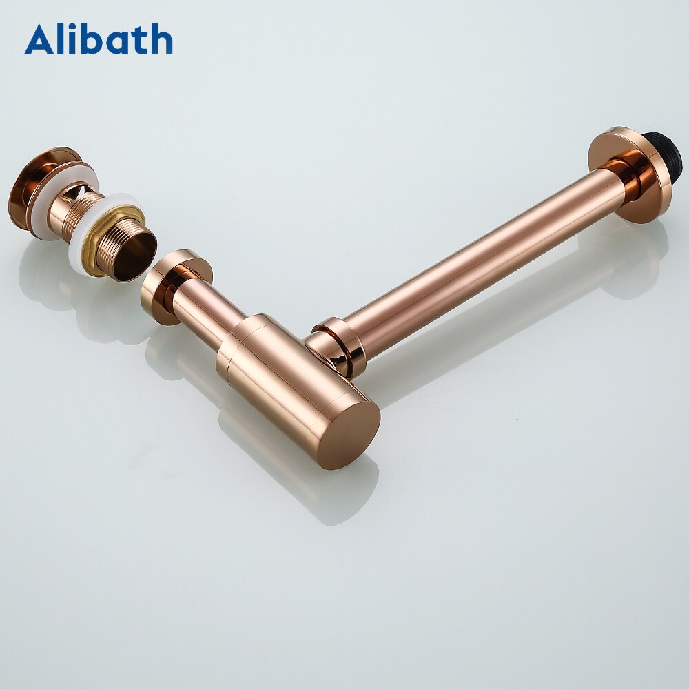 Rose Gold Fles Val Ronde Sifon Massief Messing P-TRAP Badkamer Ijdelheid Wastafel Pipe Afval Messing Pop Up Afvoer Met Over flow.