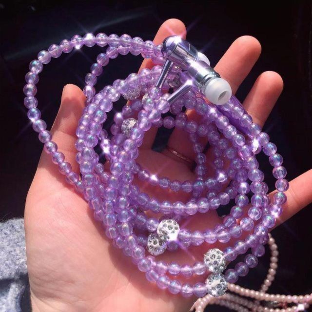 Pearl Necklace Earphone In-Ear Pink Rhinestone Necklace Jewelry Beads Earphones With Mic For Samsung Xiaomi Brithday Girls: Transparent purple