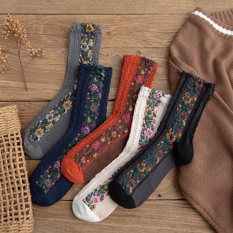 Women Socks Cotton Euramerican National Wind Flowers Autumn and Winter Ladies Socks Warm and Cute