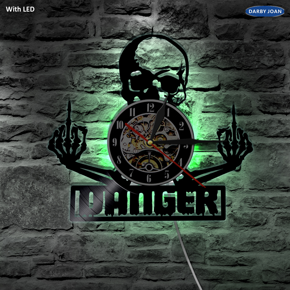 Mittelfinger Schädel LED-beleuchtung Wanduhr Dämon gotisch Punk Schädel Farbwechsel Wandleuchte Vinyl Fernbedienung