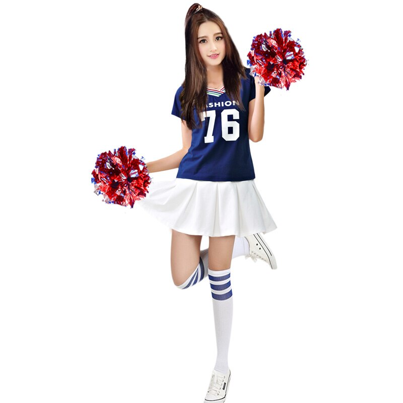 (2 pcs of Pom Poms+1 costumes +1 Socks)College High School Cheerleader Clothing Football Campus Style Student Uniform: Blue / XXL