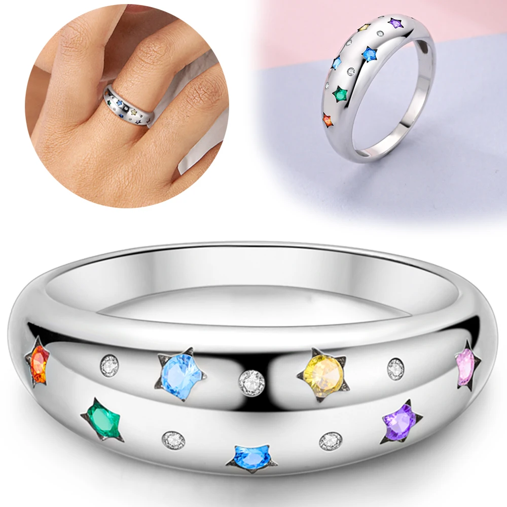 Original Sterling Silver 925 Ring Star and Moon Combination Series Rope Double Layer Ring Women's Wedding Engagement Ring: Pink / 8