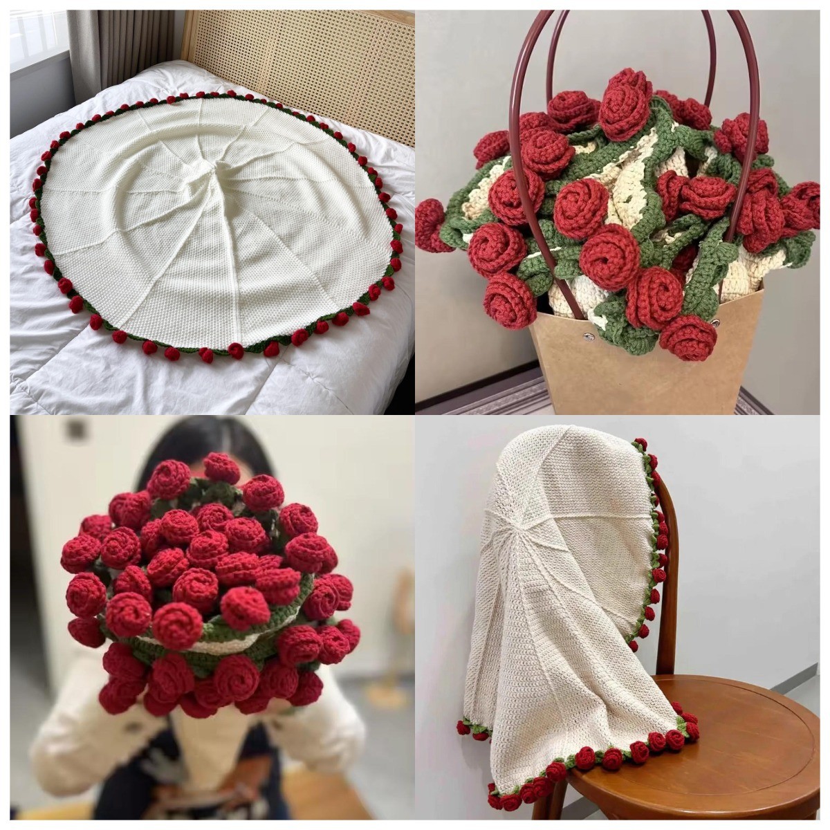 Manta de rosas terminada, ramo de flores rosas, suéter peludo de ganchillo hecho a mano, cama, sofá, mamá, esposa, de cumpleaños, chal, manta envolvente