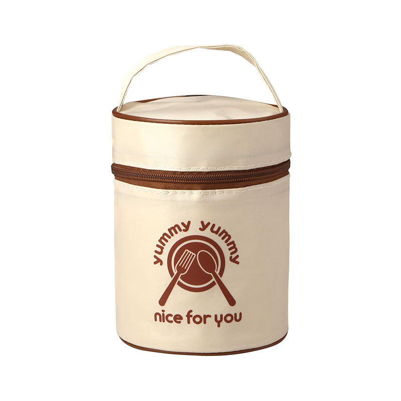 Portable Beige Thermal Lunch Box Bag Round Barrel Insulated Cooler Pouch Bento Food Storage Bags for Kids Meal Dinner Container: Beige