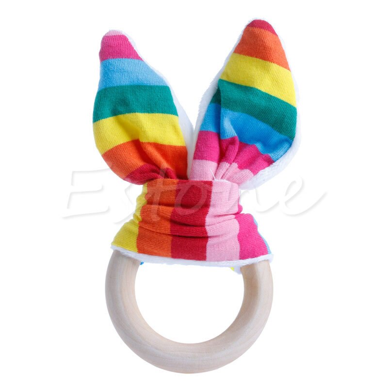 Håndlaget tre naturlig baby tannring ring chewie teether bunny sensorisk leketøy  u50f