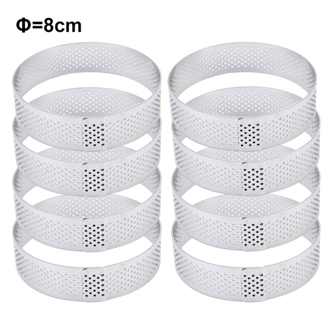 Taart Ring Rvs Taartje Mal Cirkel Cutter Pie Ring Hittebestendig Geperforeerde Cake Mousse Mallen Taart Gebak: 8Pcs 8cm