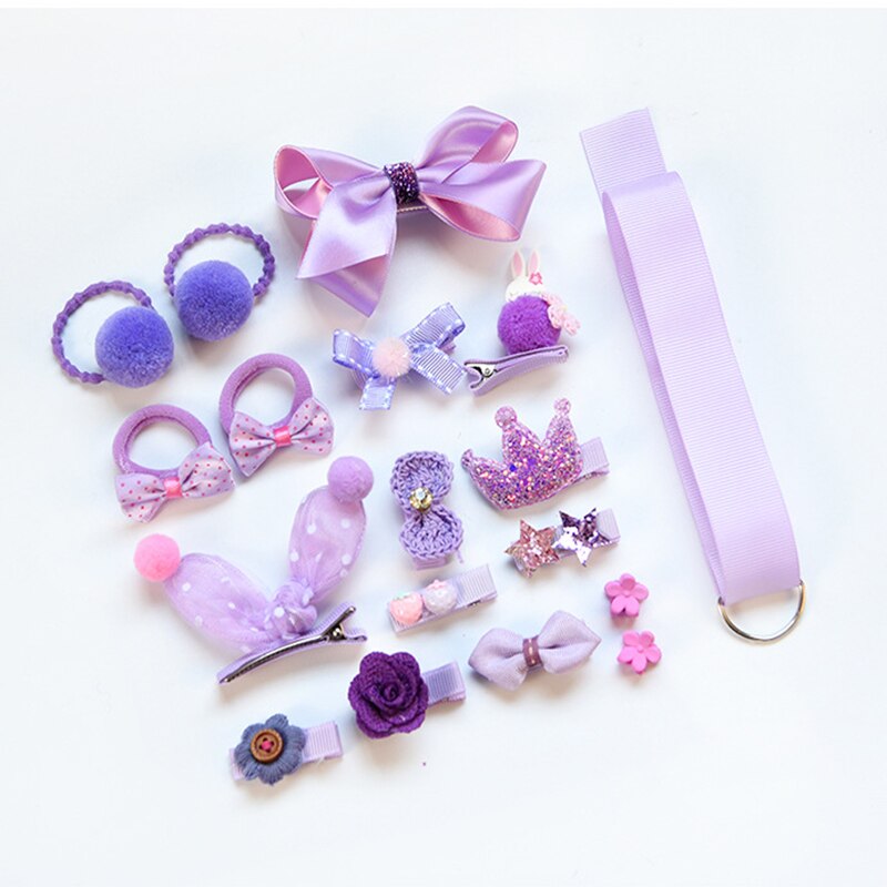 18pcs Princess Infant Kids Girl Baby Headband Grosgrain Hair Bows Clips Hair Rope Rubber Band Headwear Set For Baby Accessories: Purple