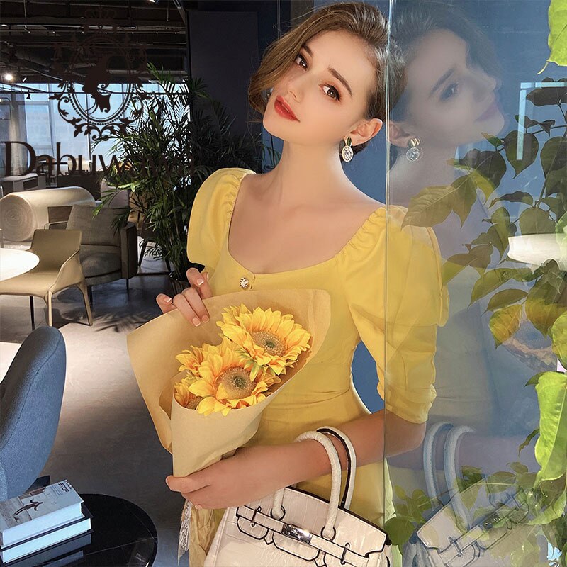 Dabuwawa Exclusive Vintage Yellow Dress Women Square Neck Puff Sleeve Single Breasted Split Hem Sexy Dress Ladies DO1BDR102