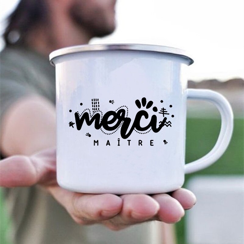Merci maître tryck muggar kaffekoppar drycker vatten mjölk tekopp emaljmugg skola hem handtag drinkware bästa lärare