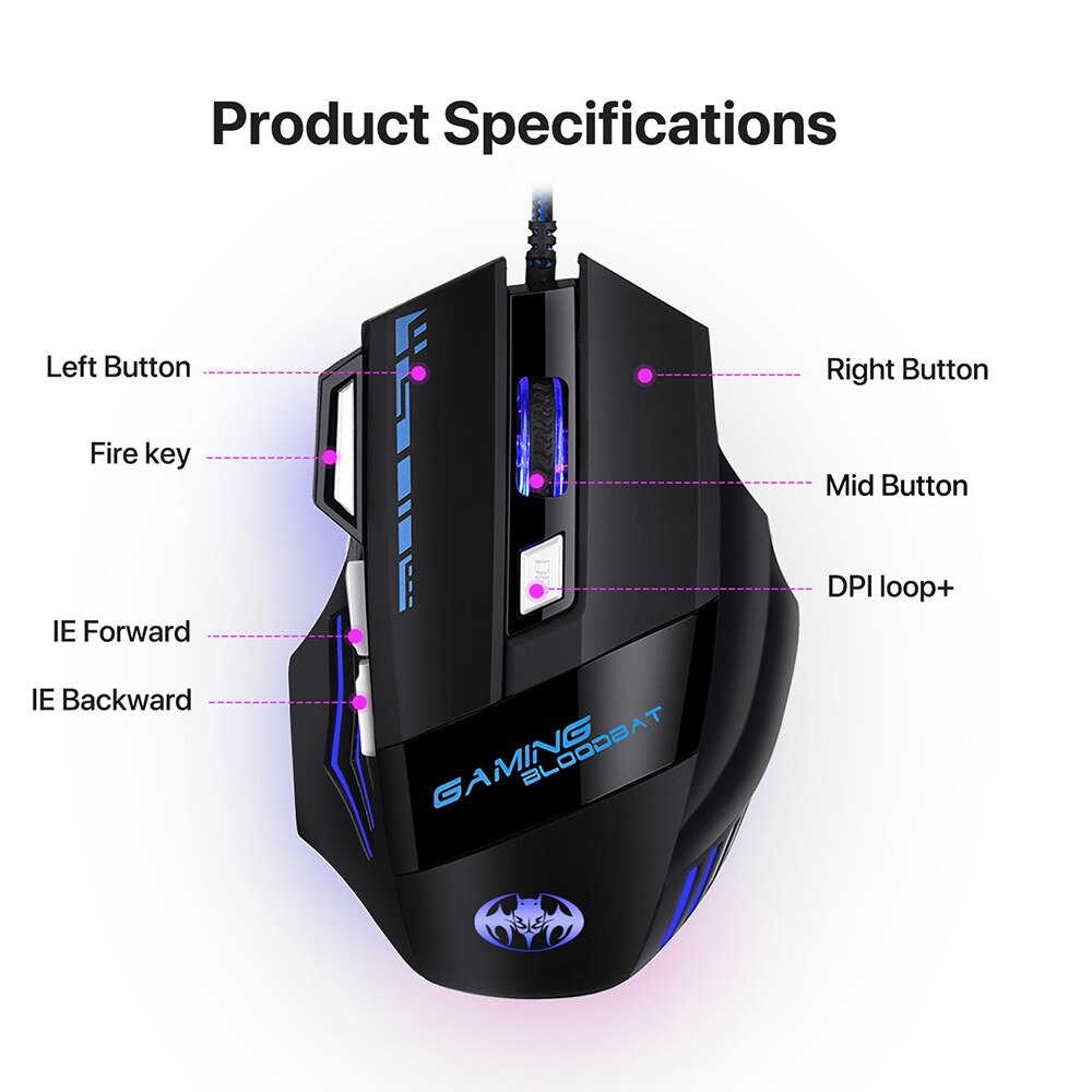 PINZHENG Wired Gaming Mouse 7200 DPI 7 Buttons Optical Mice With LED Backlight Ergonomic For Overwatch Game Laptop Computer