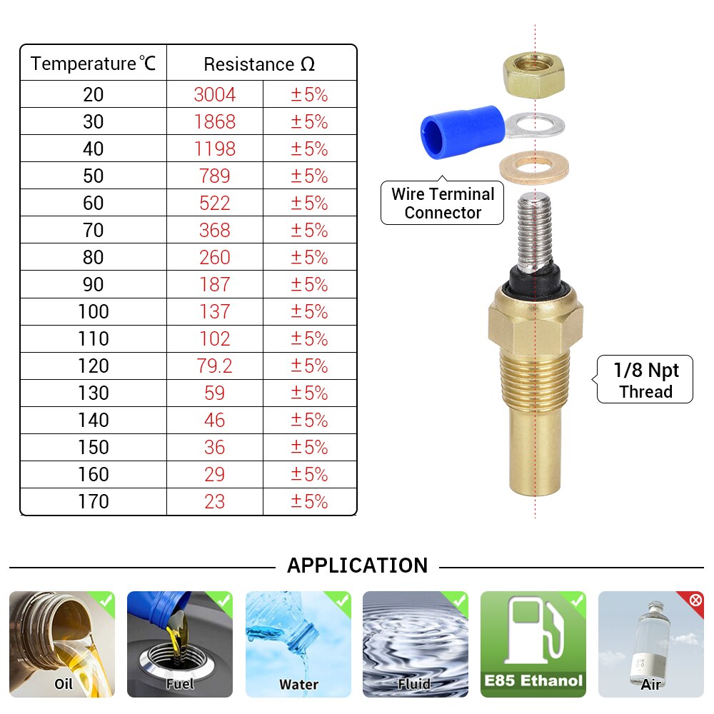 - 12V 1/8 NPT Racing Car Oil Temp Sensor Water temperature Sensor Water Temp Sensor Gauge Sensor VR-TSU01