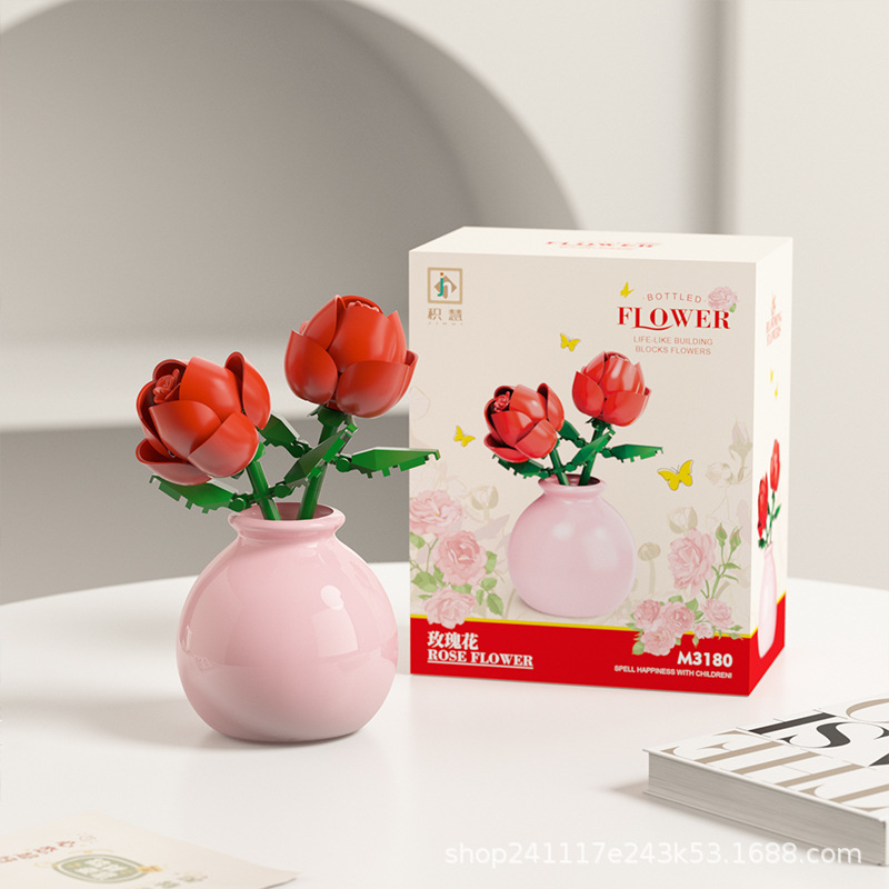Building block pot plant bouquet of flowers, roses, lily building blocks, toys with flower pots, cute living room ornaments: green