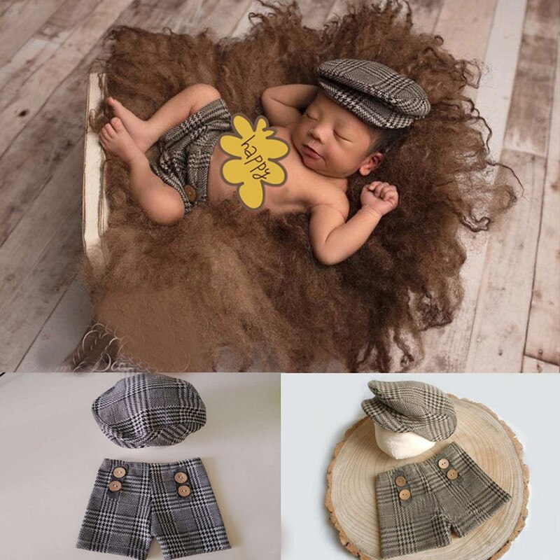 Pasgeboren Fotografie Props Hoed Broek Accessoires Set Baby Boy Plaid Kostuum Little Gentleman Fotostudio Eerste Foto