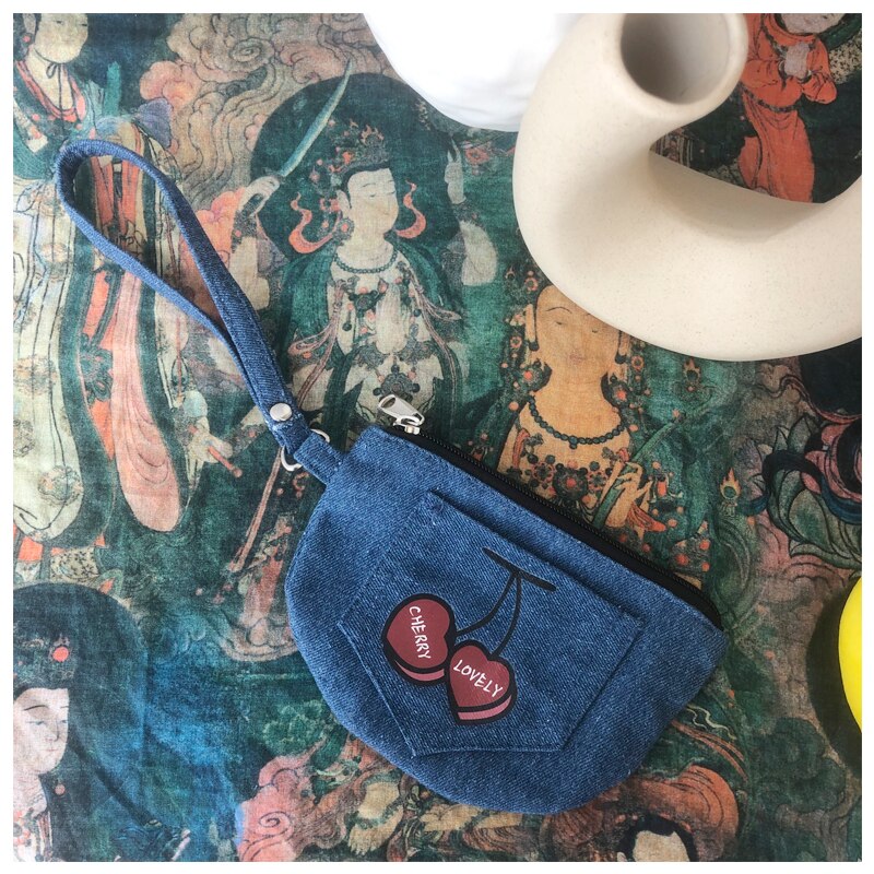 Women Denim Cloth Cartoon Cherry Pattern Ladies Casual Mini Bag Students Female Small Handbag