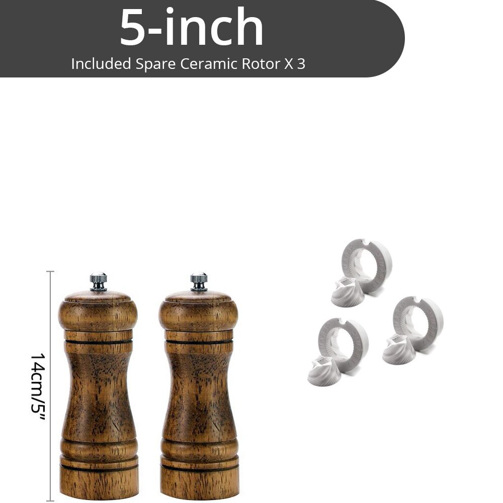 Trä salt och peppar kvarn set med kvarn bricka för havssalt & pepparkorn  (5,8,10 tum) stark justerbar kvarn: 5 tum  x 2