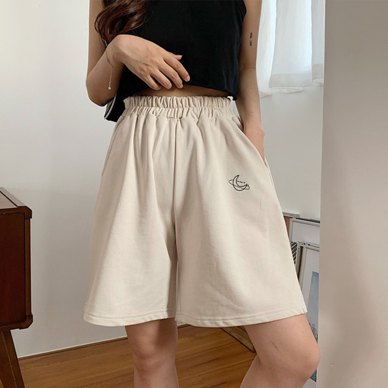 Oversize kvinder månebroderi løse shorts solide afslappet elastik talje smarte shorts koreanske vilde simple studerende underdele: Abrikos / Xl